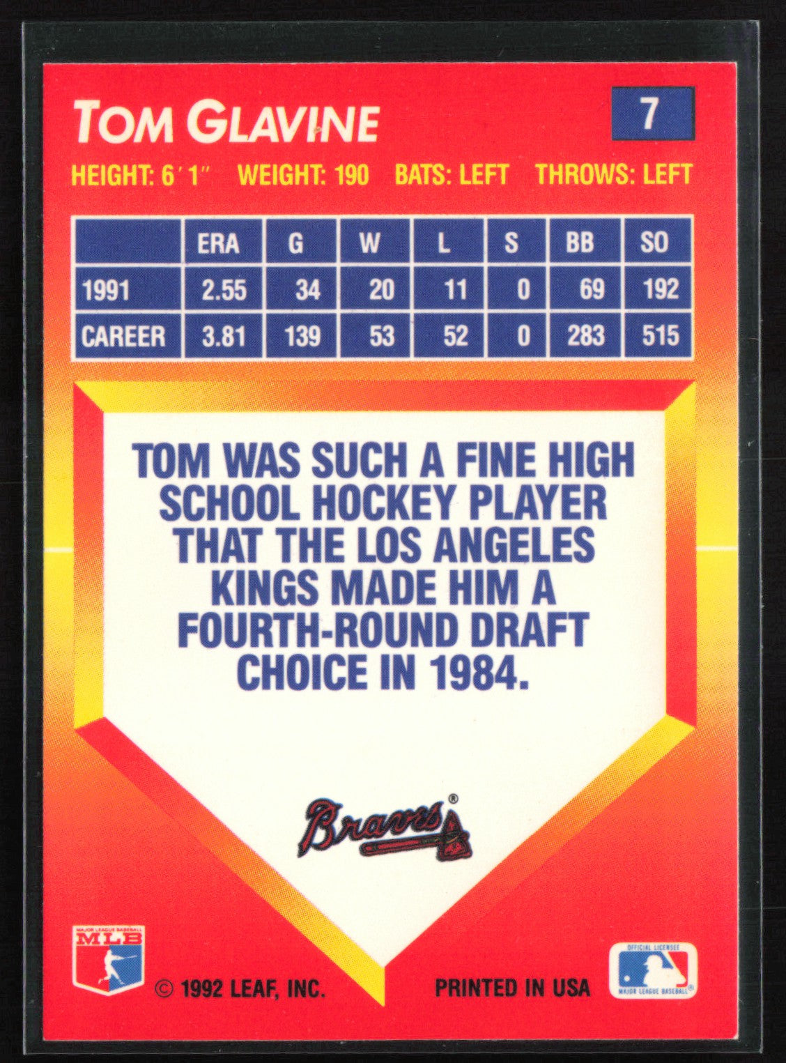 Tom Glavine 1992 Leaf