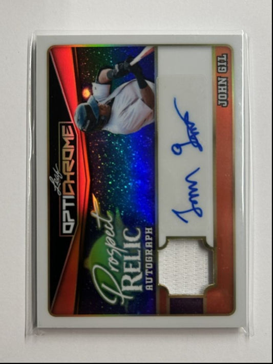 John Gil /4 Auto Relic Prospect Relic Autograph 2025 Leaf Optichrome