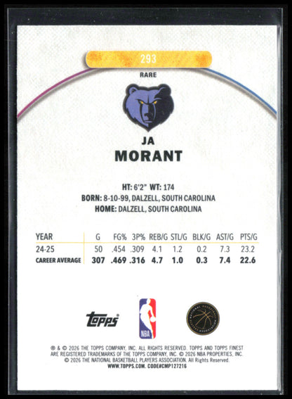 Ja Morant /150 Rare Blue 2026 Topps Finest