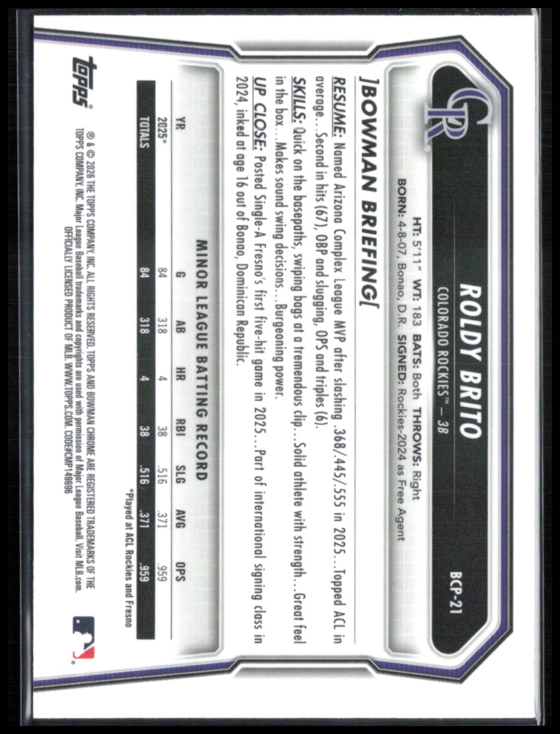 Roldy Brito 1st Bowman Mojo