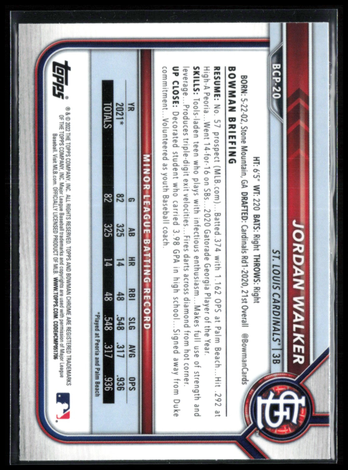 2022 Bowman Sapphire Edition BCP-20 Jordan Walker Prospect 2022 Bowman Sapphire Edition BCP-20 Jordan Walker Prospect