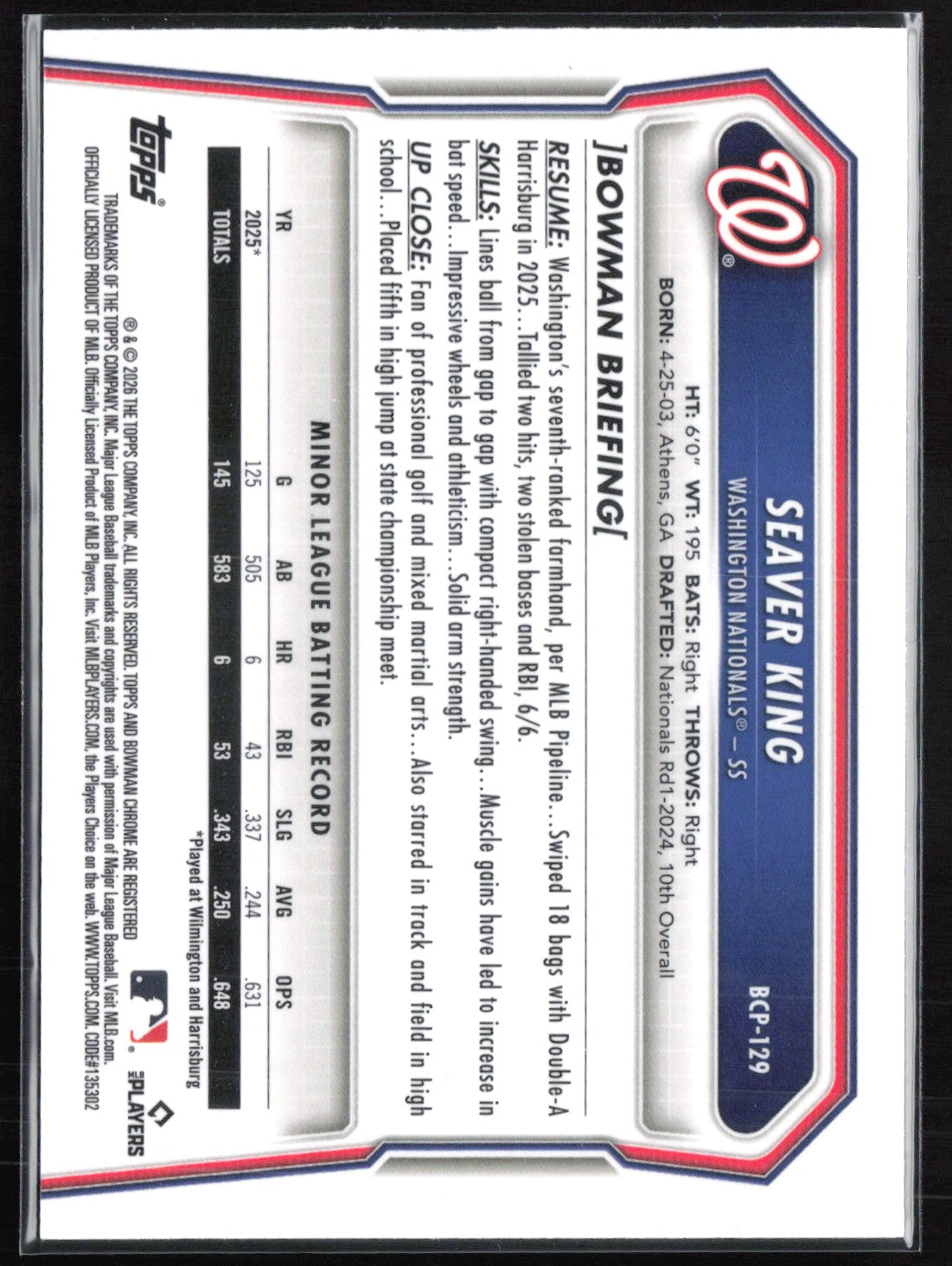 Seaver King Prospects 2026 Bowman Chrome