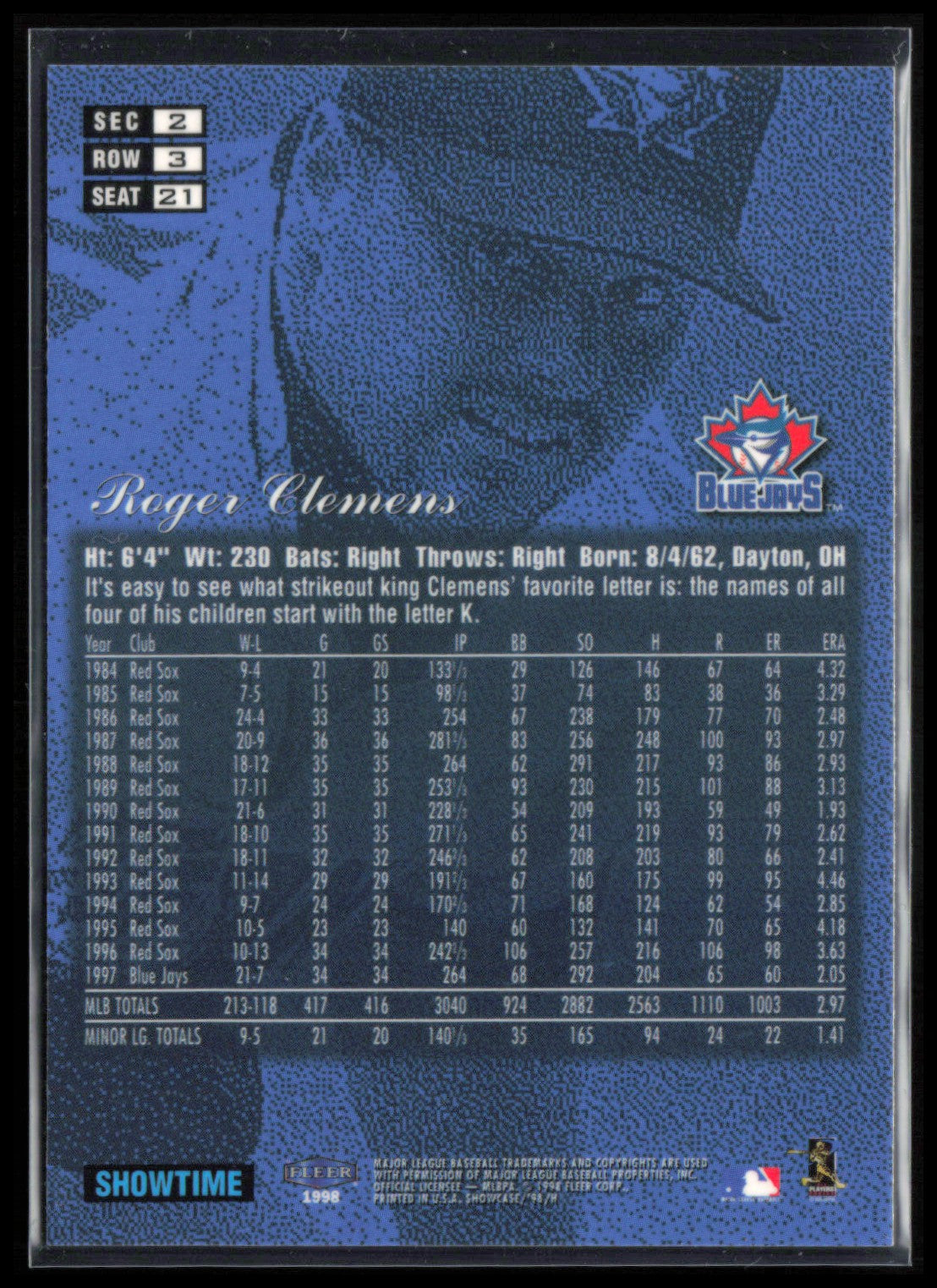 Roger Clemens 1998 Flair Showcase Row 3