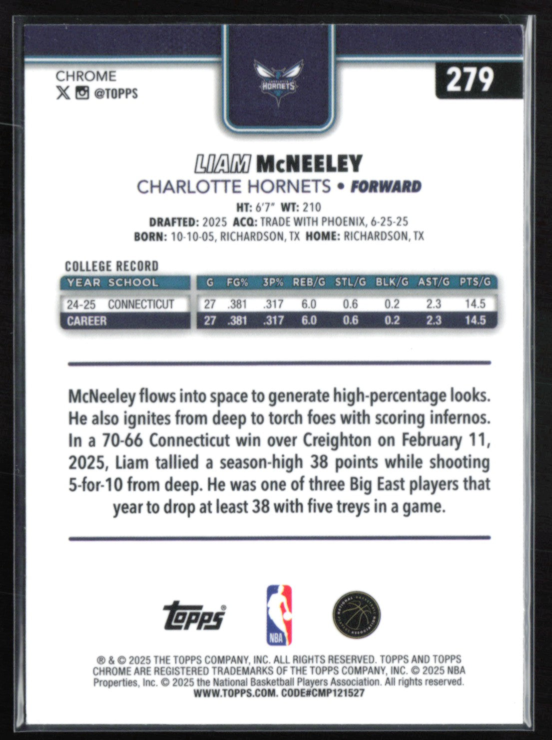Liam McNeeley RC 2025 Topps Chrome