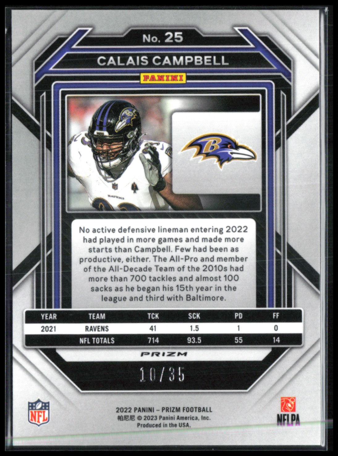 Calais Campbell Red Shimmer /35 2022 Prizm