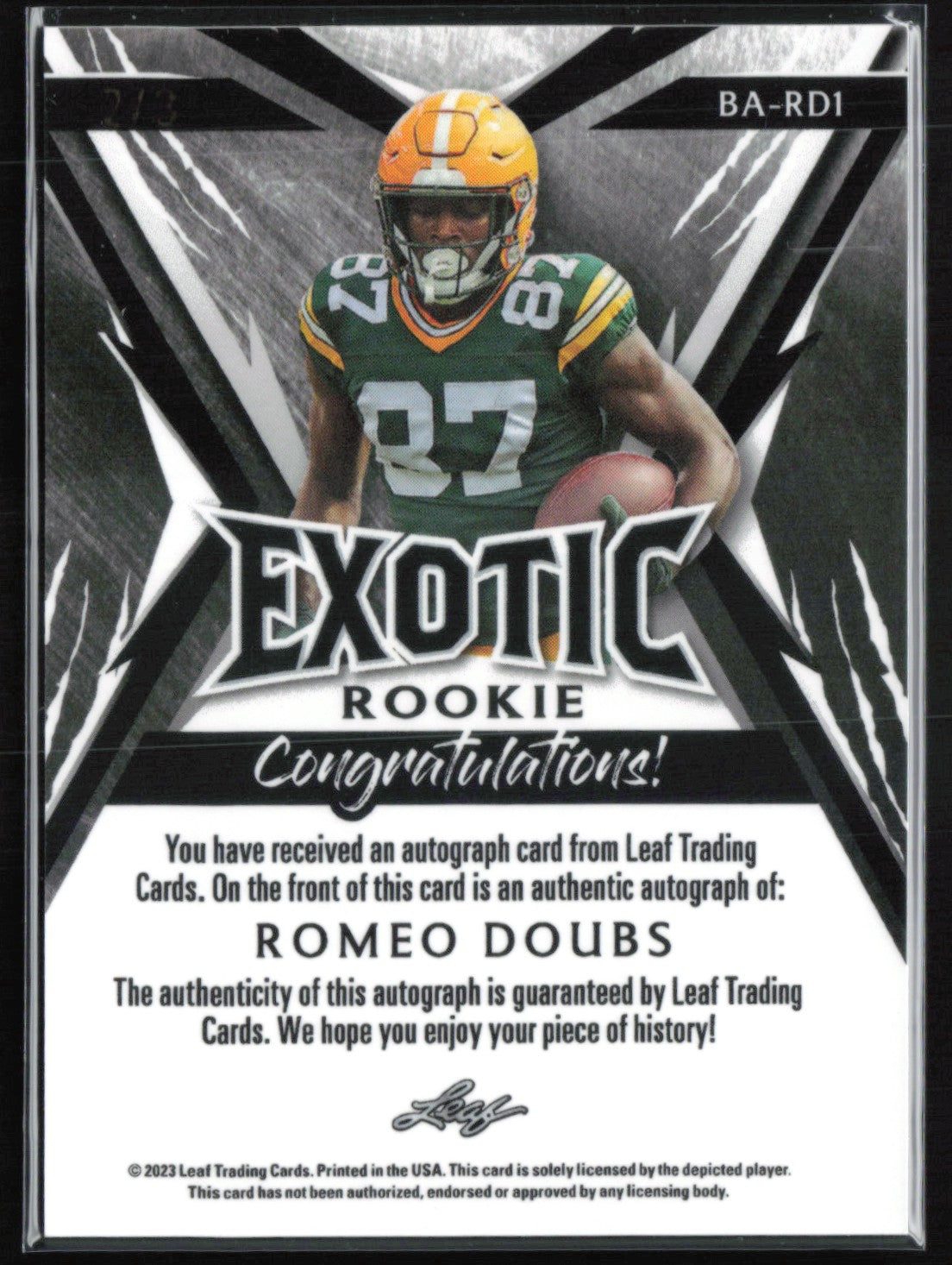 Romeo Doubs Auto /3 2023 Leaf Exotic Rookie Giraffe
