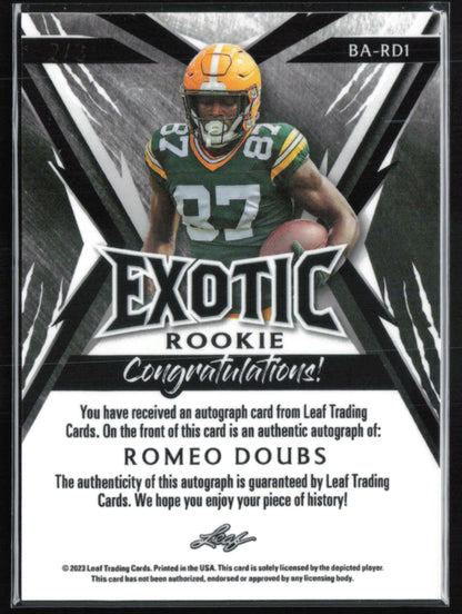 Romeo Doubs Auto /3 2023 Leaf Exotic Rookie Giraffe