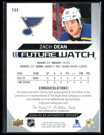 Zach Dean Auto /999 2024-25 SP Authentic