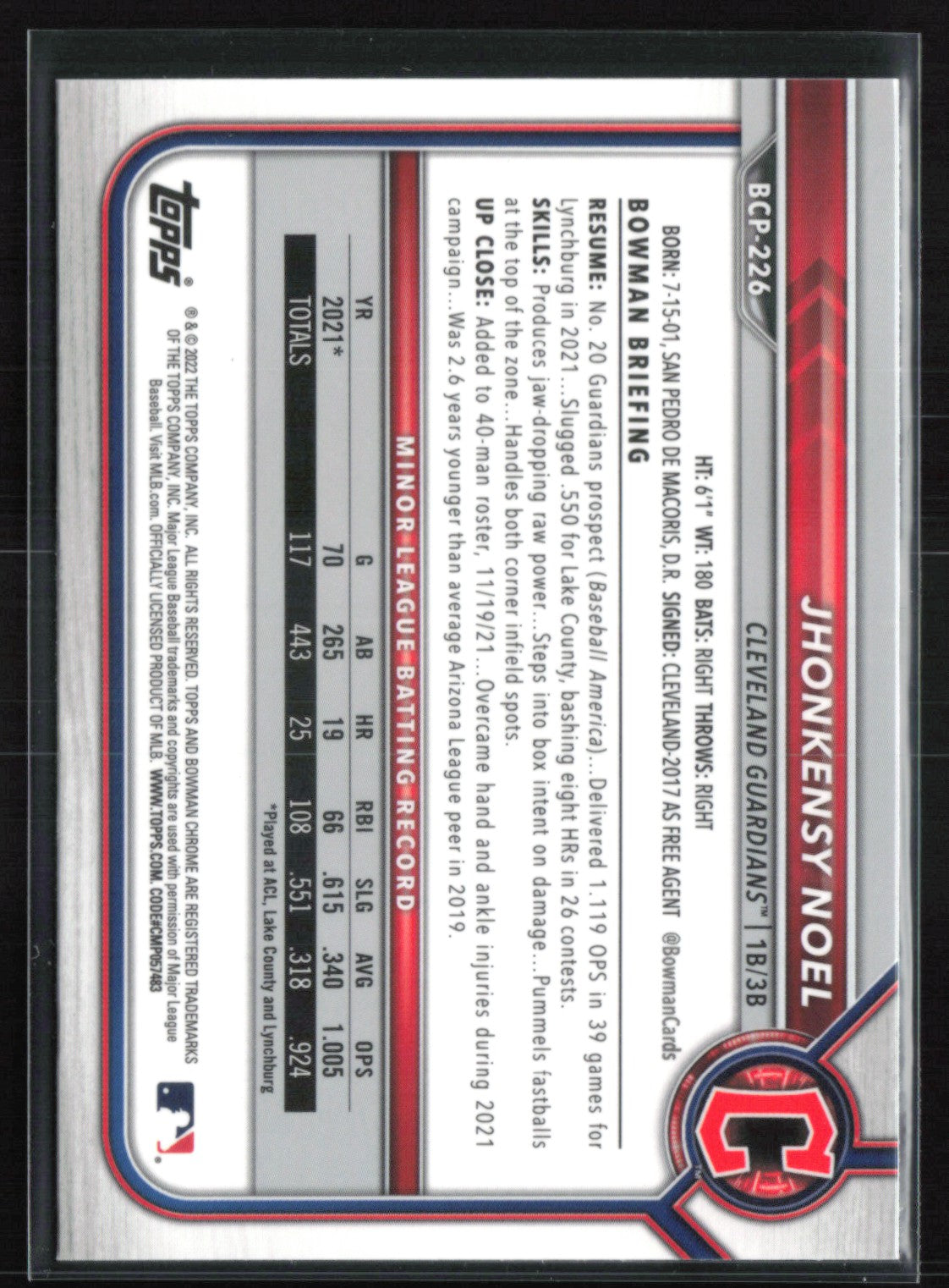 2022 Bowman Chrome Prospects BCP-226 Jhonkensy Noel Sapphire