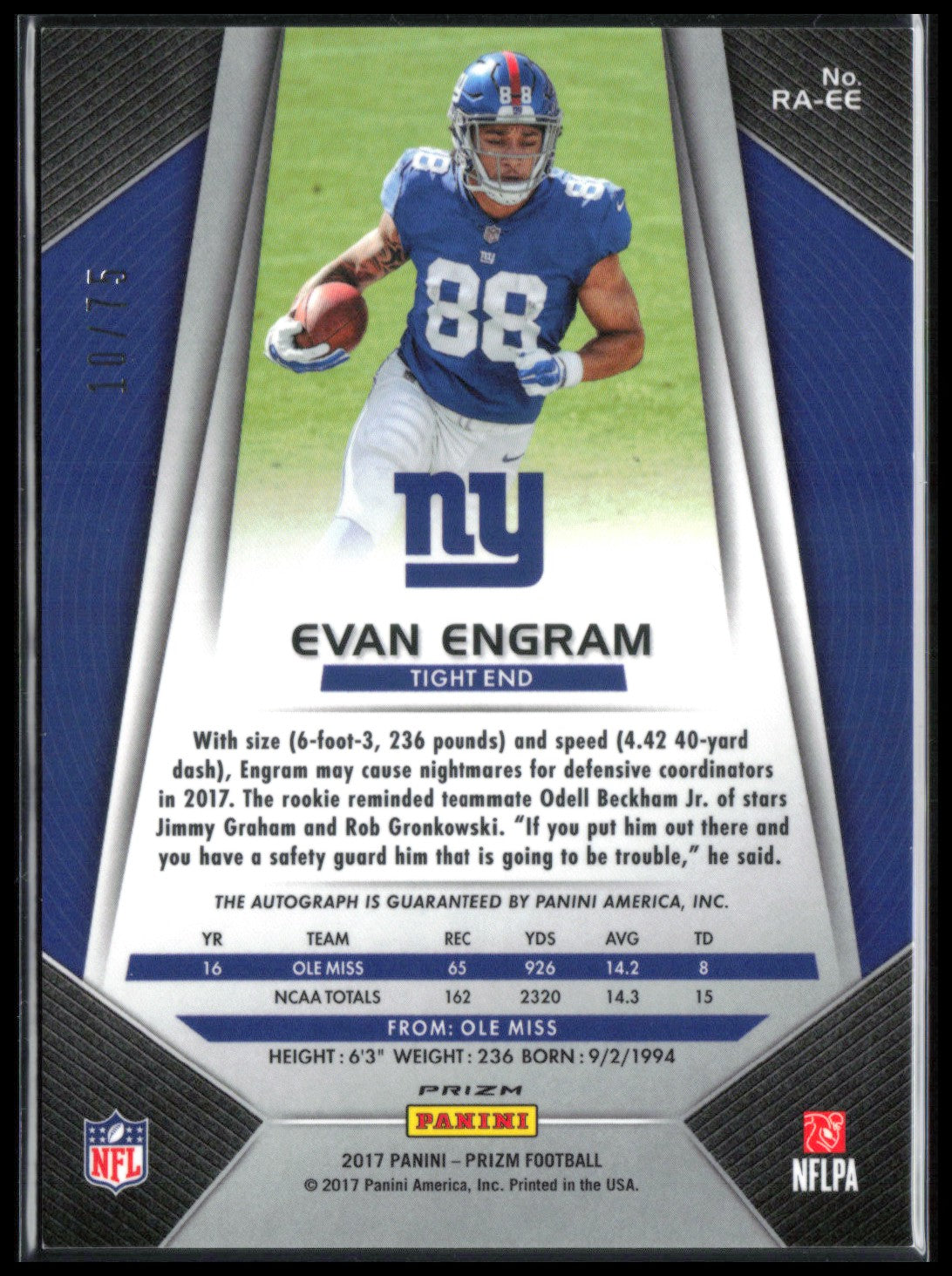 Evan Engram Auto Purple Ice /75 2018 Prizm