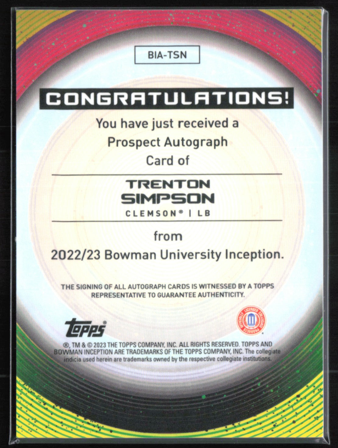 Trenton Simpson Auto /50 2022-23 Bowman U Inception