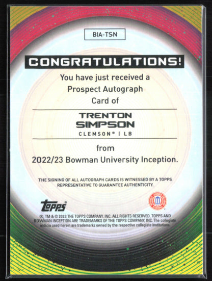 Trenton Simpson Auto /50 2022-23 Bowman U Inception