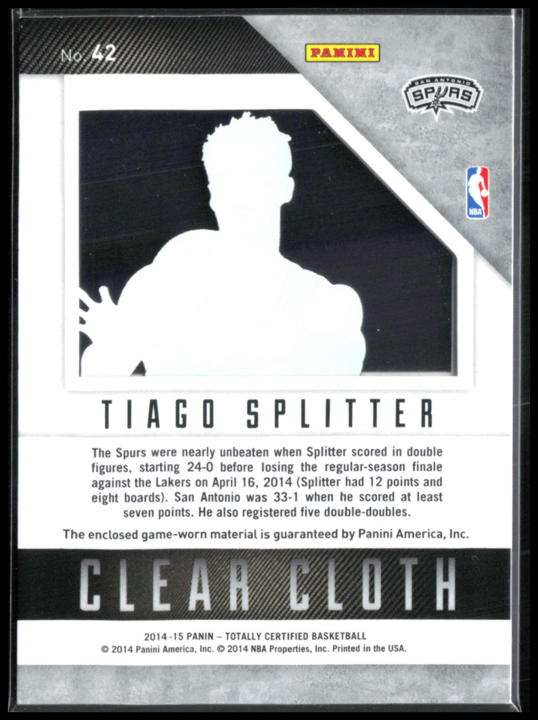 Tiago Splitter Clear Cloth Game-Worn Mem /199