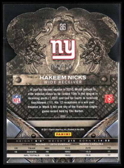 Hakeem Nicks Green Foil /10 Die-Cut 2011 Panini Crown Royale
