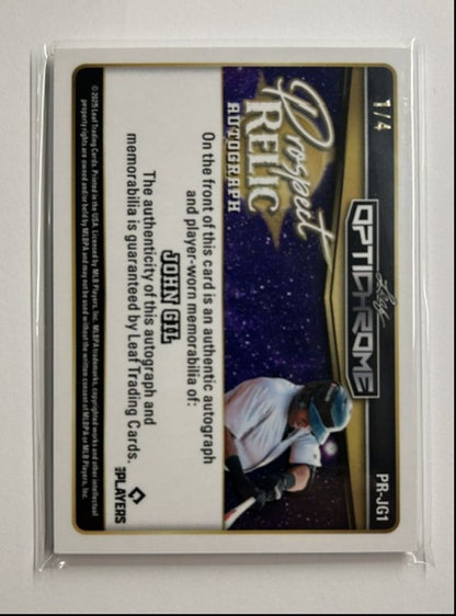 John Gil /4 Auto Relic Prospect Relic Autograph 2025 Leaf Optichrome