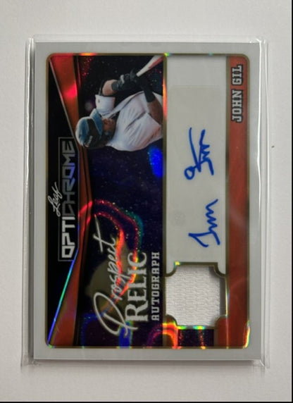 John Gil /4 Auto Relic Prospect Relic Autograph 2025 Leaf Optichrome