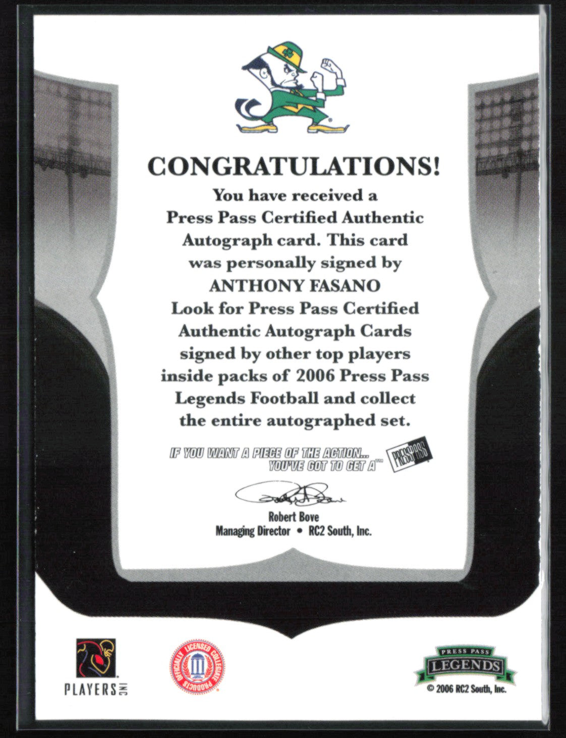 Anthony Fasano Auto 2006 Press Pass Legends