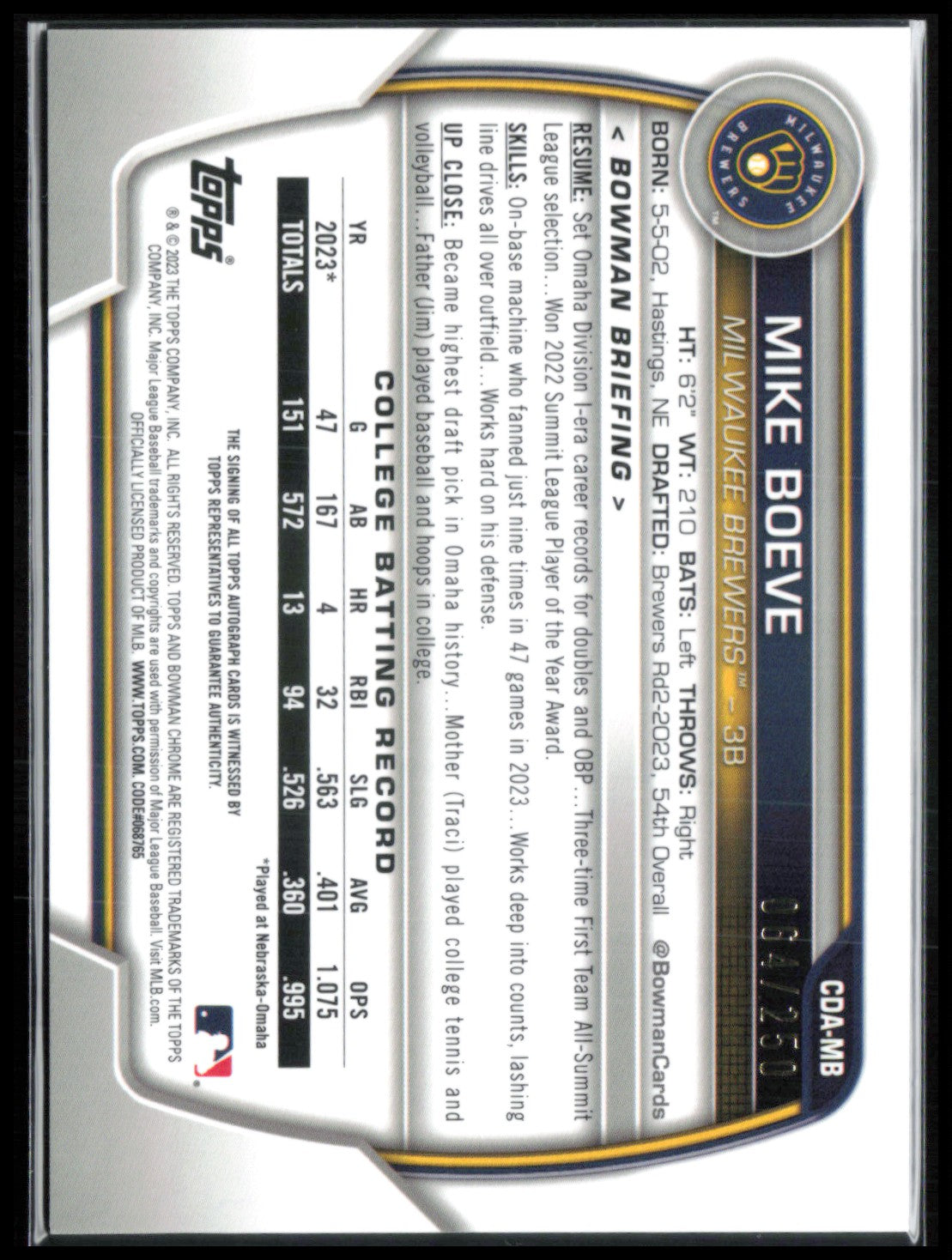 Mike Boeve 1st Bowman Purple Auto /250