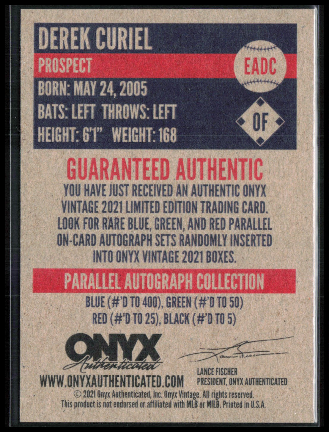 Derek Curiel Auto Prospect RC /400 Onyx