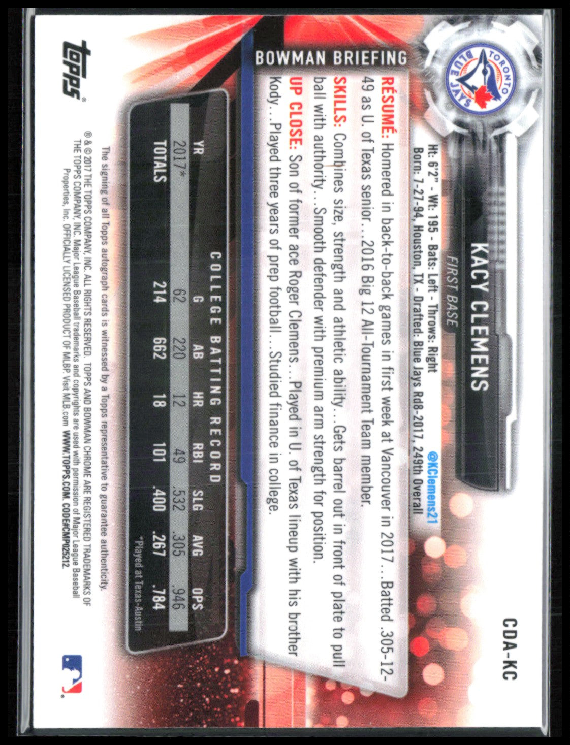 Kacy Clemens 1st Bowman Auto