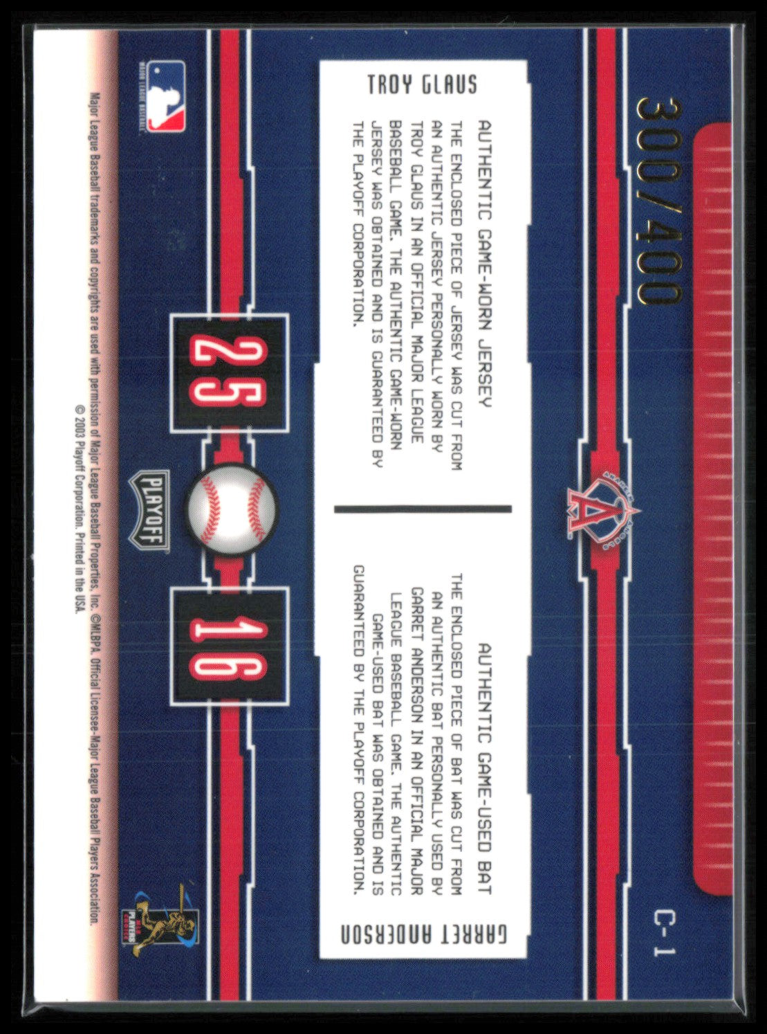 Troy Glaus/Garret Anderson Dual Game-Used/Worn Relics Connections /400