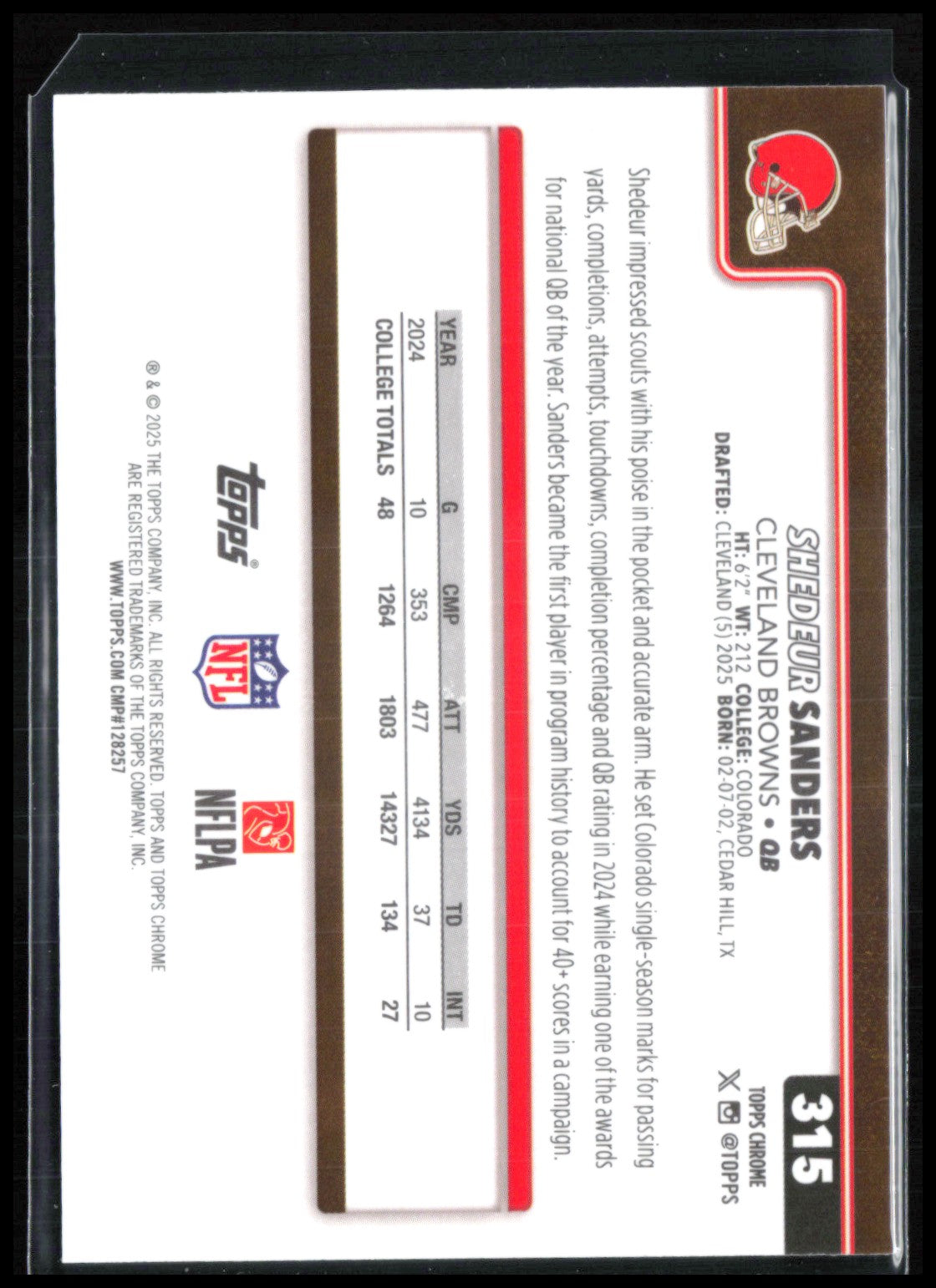 Shedeur Sanders RC 2025 Topps Chrome