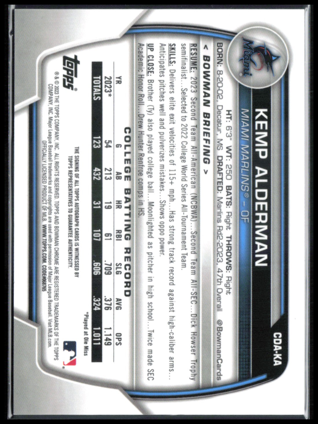Kemp Alderman 1st Bowman Auto 2023 Bowman Chrome Draft