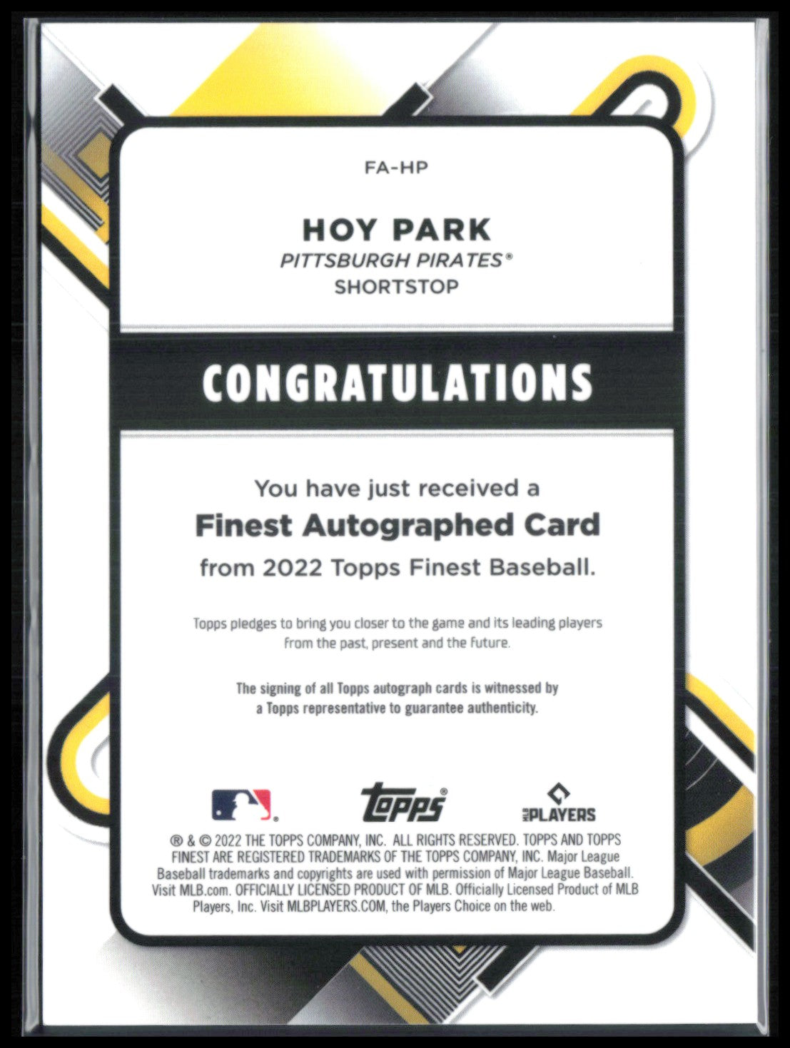 Hoy Park RC Auto Refractor 2022 Topps Finest
