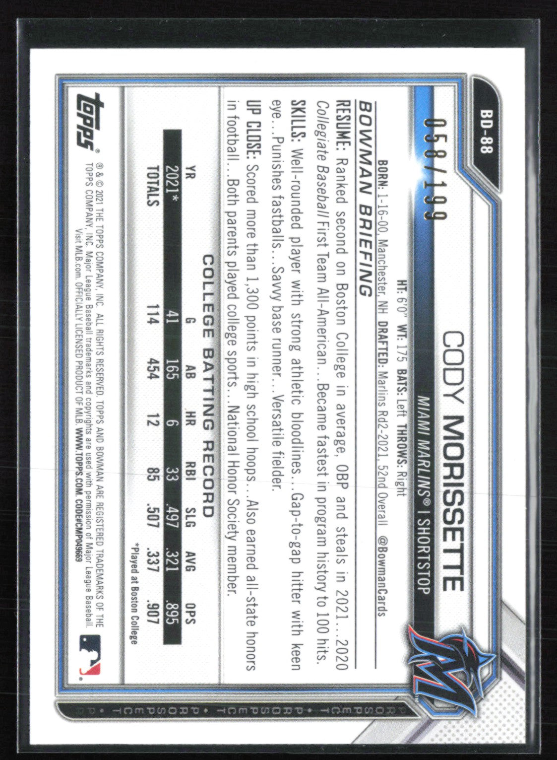Cody Morissette 1st Bowman /199 Aqua