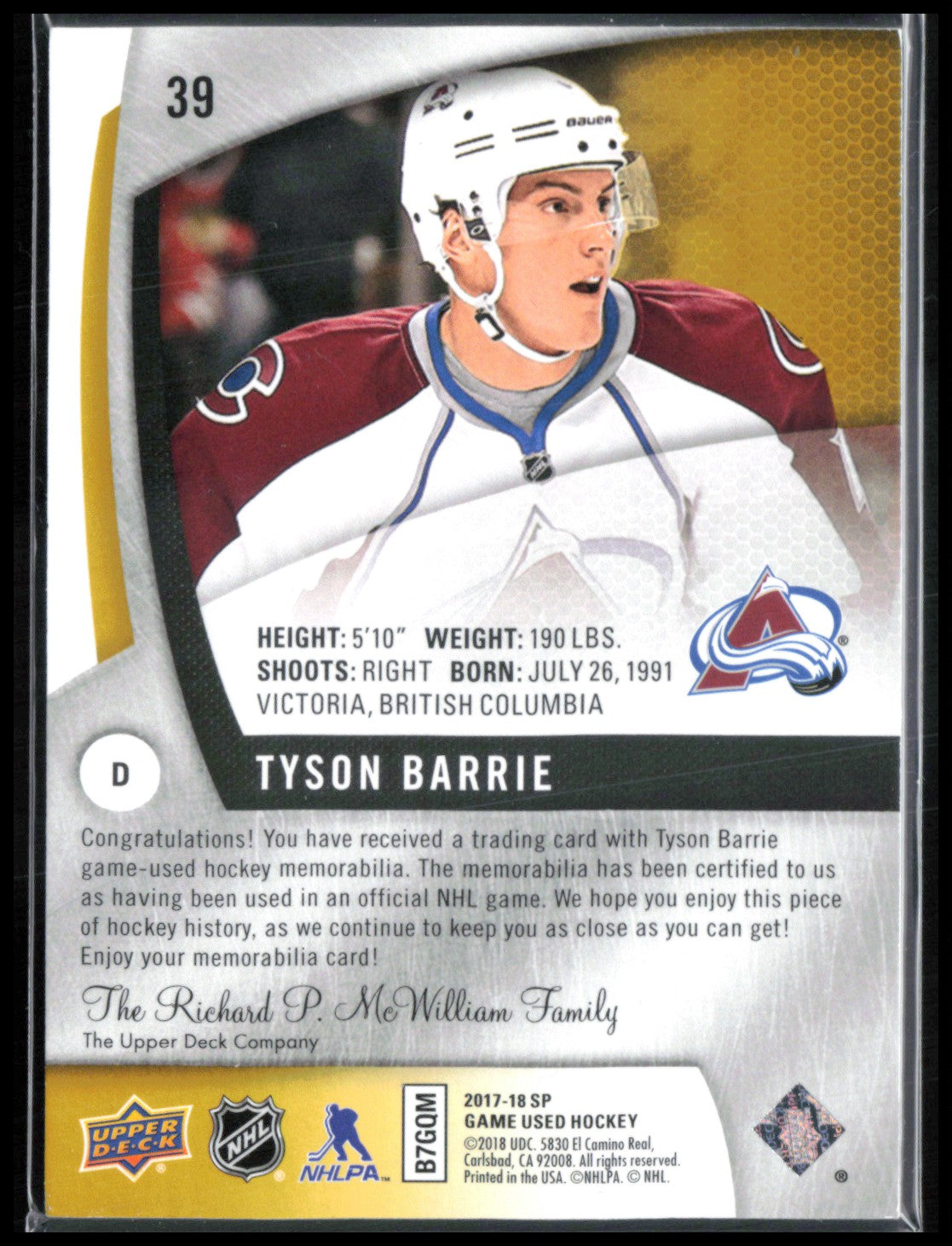 Tyson Barrie Jersey 2017-18 SP Game-Used