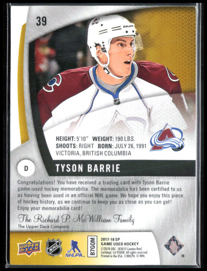 Tyson Barrie Jersey 2017-18 SP Game-Used