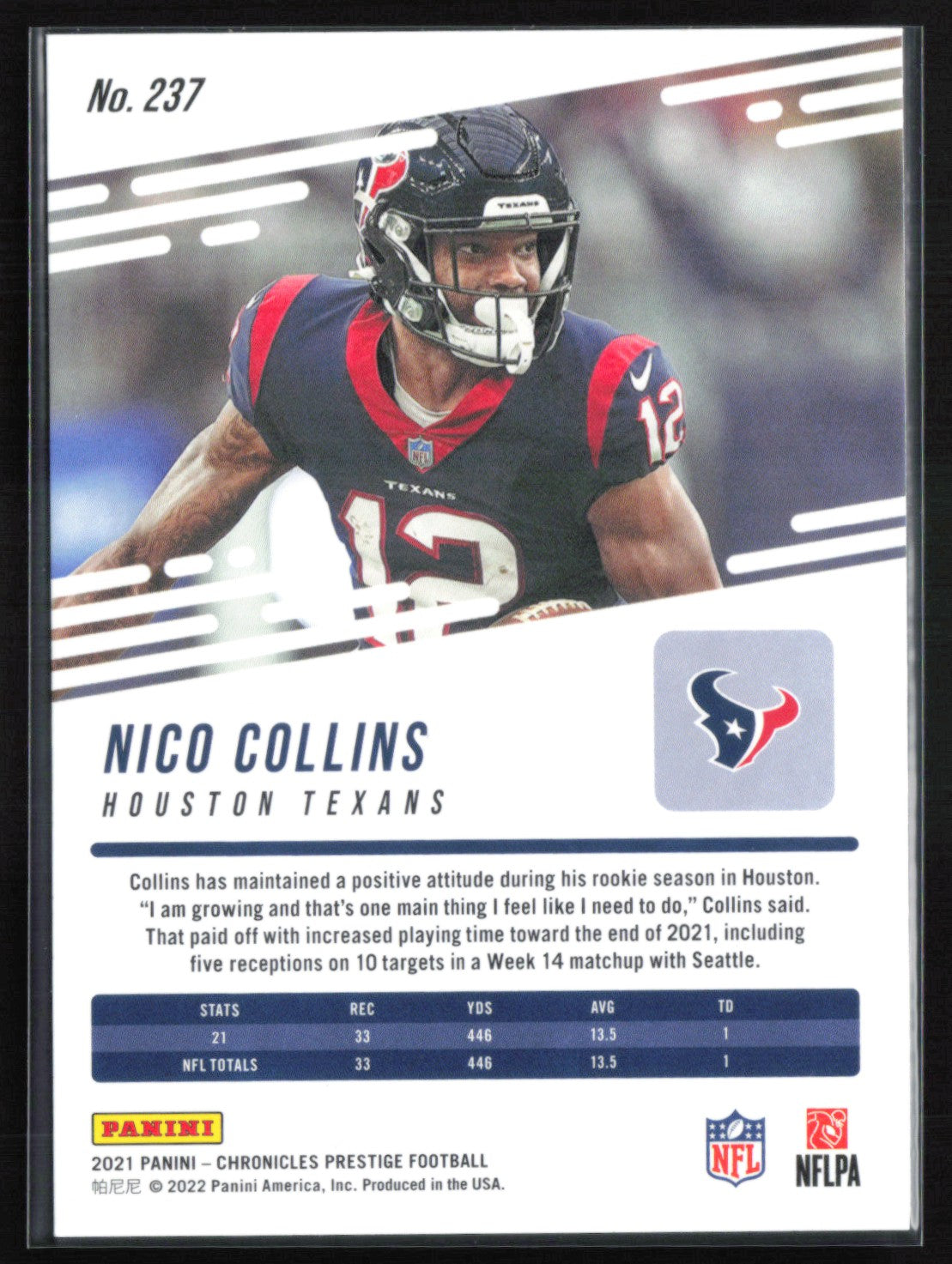 Nico Collins RC 2021 Prestige