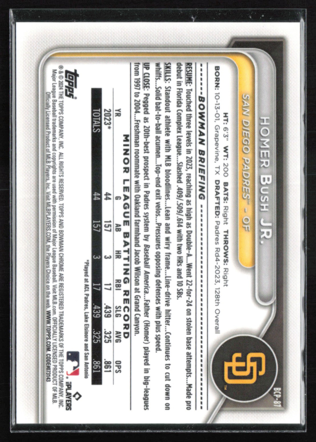 Homer Bush Jr. Lunar Yellow /75 2024 Bowman Chrome Prospects