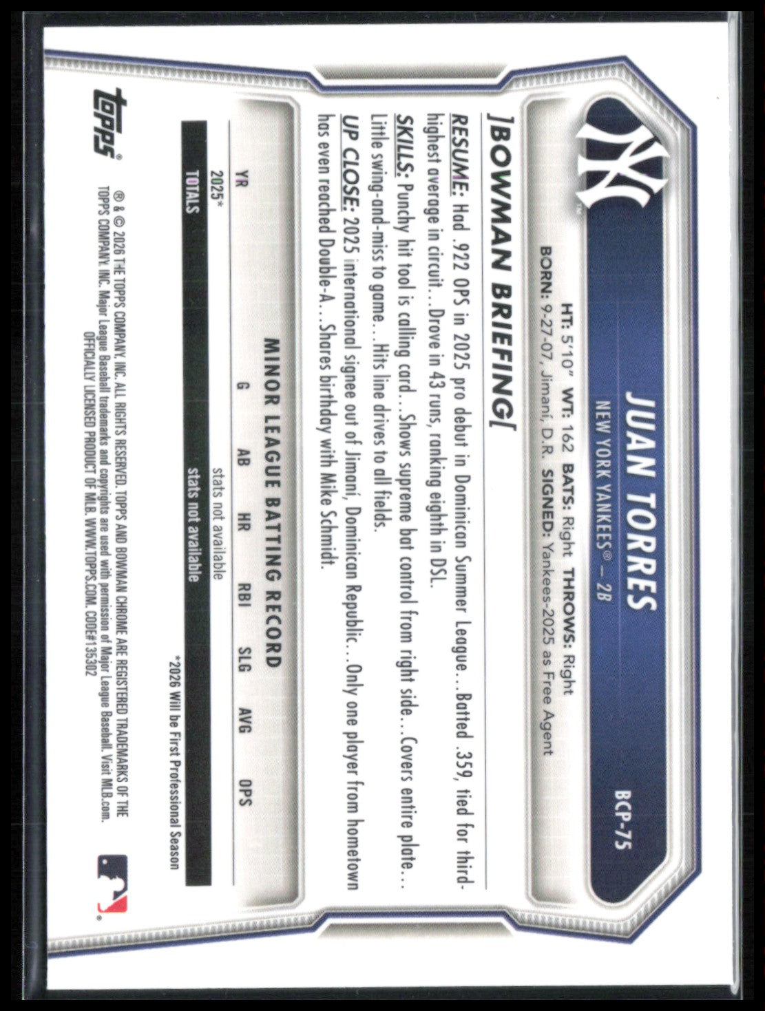 Juan Torres 1st Bowman Chrome