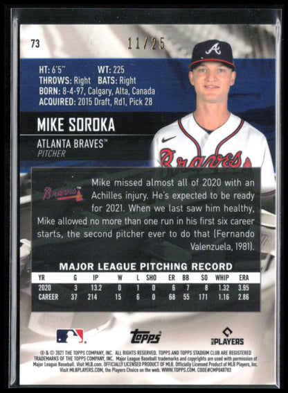 Mike Soroka Orange Refractor /25 2021 Topps Stadium Club
