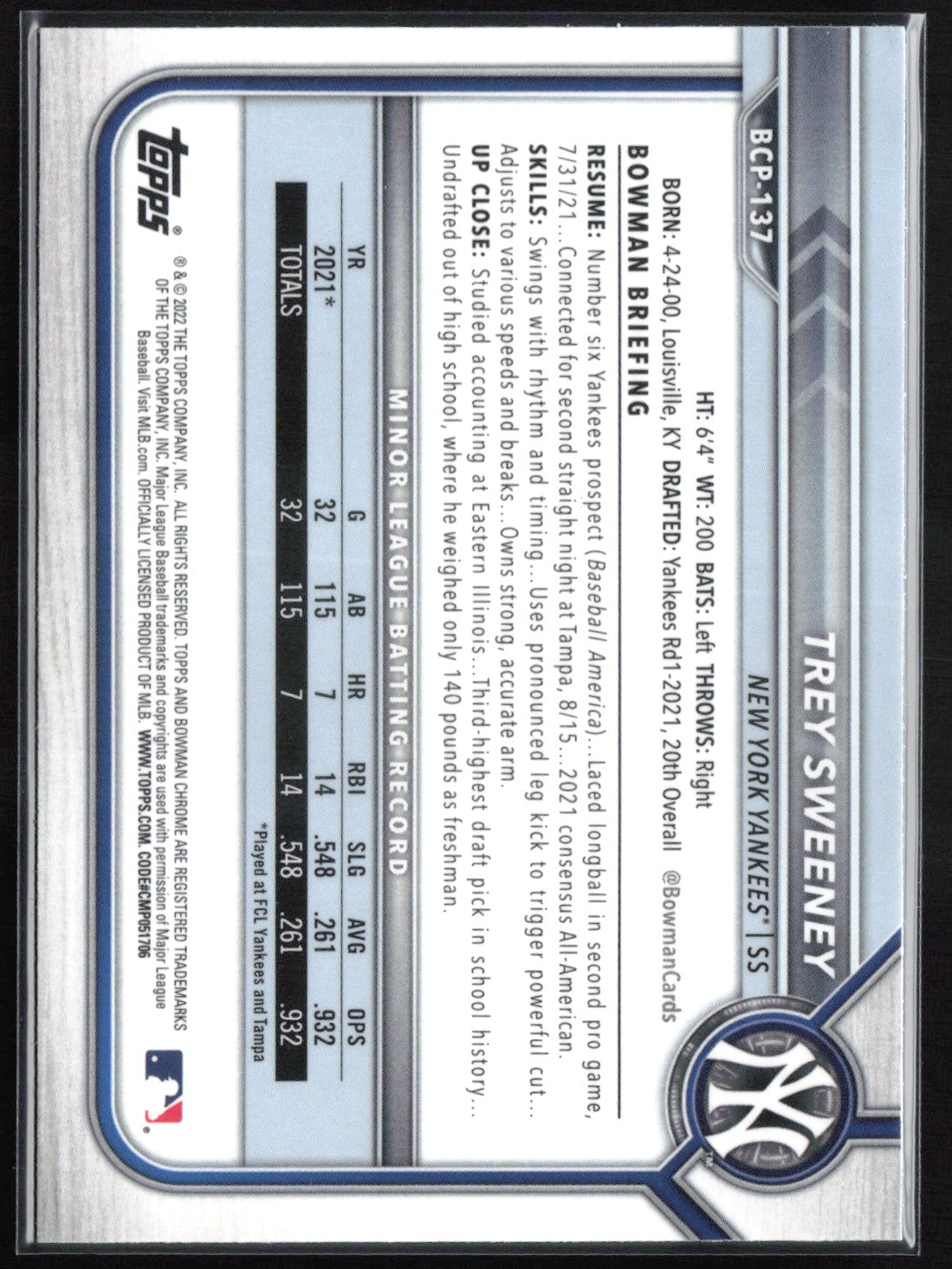 Trey Sweeney 1st Bowman Chrome