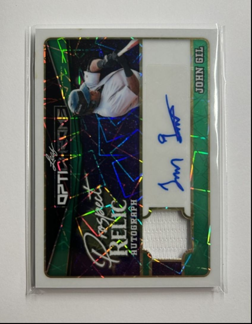 John Gil /6 Auto Relic Prospect Relic Autograph 2025 Leaf Optichrome