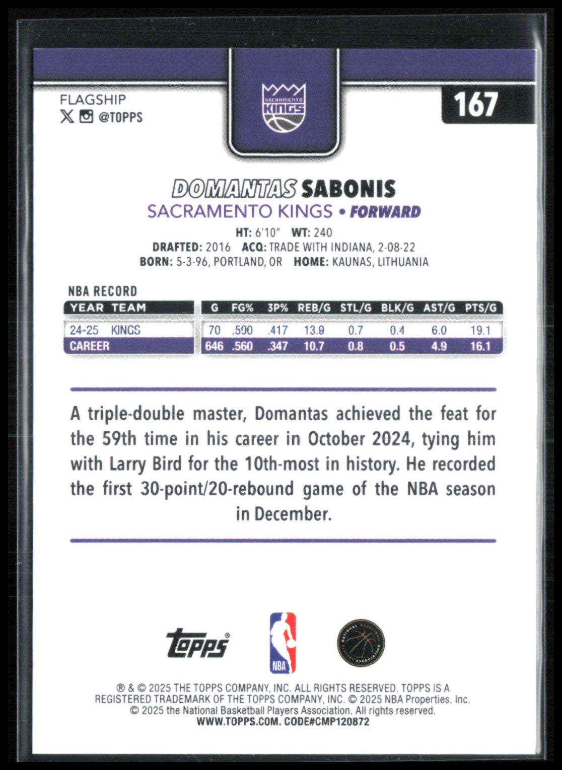 Domantas Sabonis Gold Refractor /50 2025 Topps