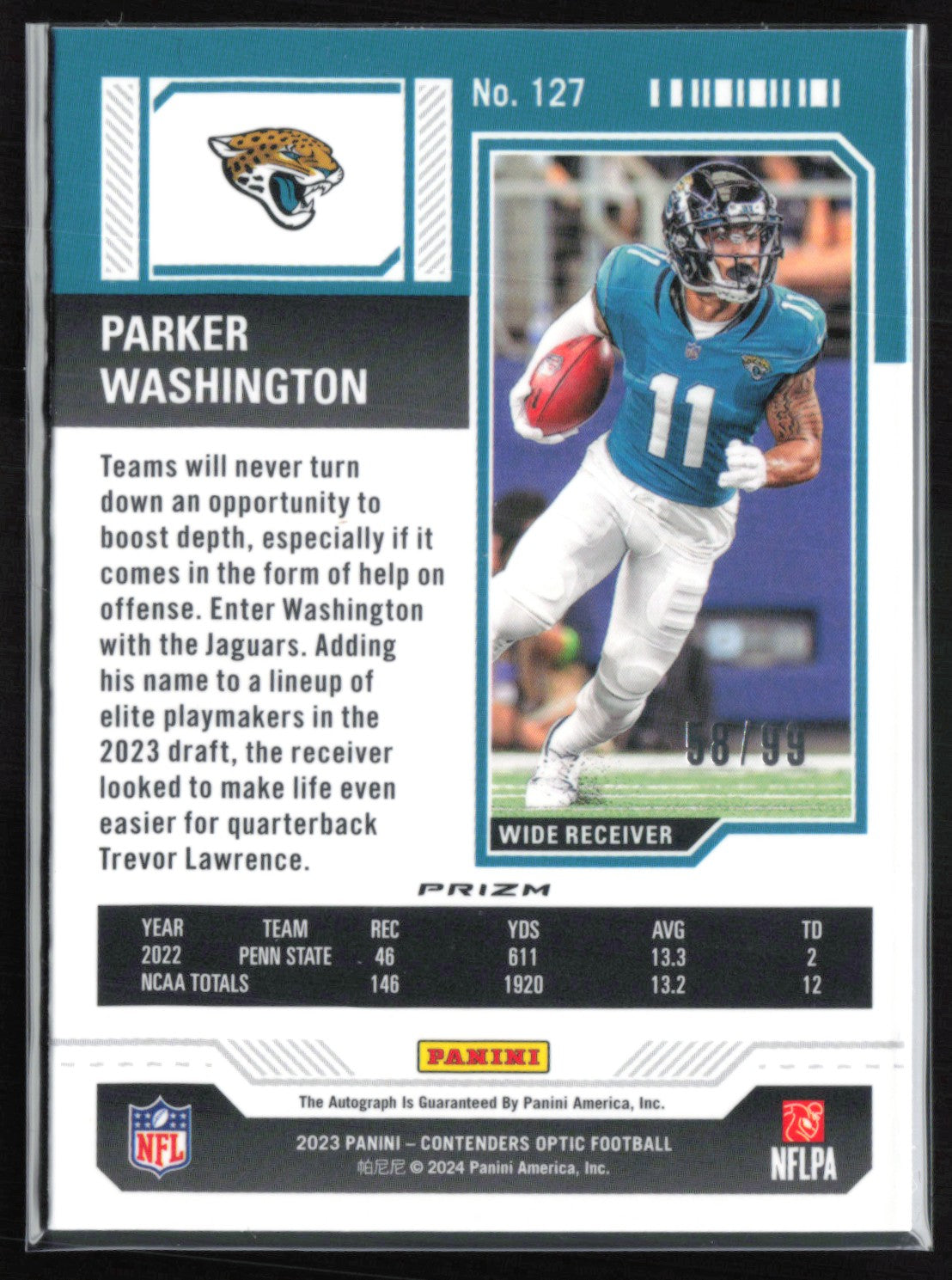 Parker Washington RC Auto Blue Holo /99 2023 Contenders Optic Rookie Ticket