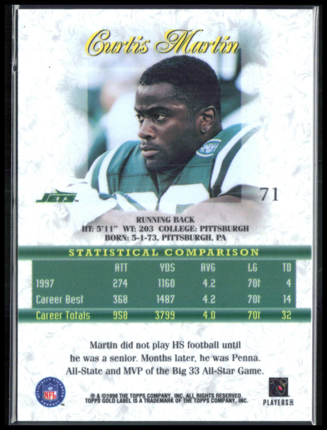 Curtis Martin 1998 Topps Gold Label