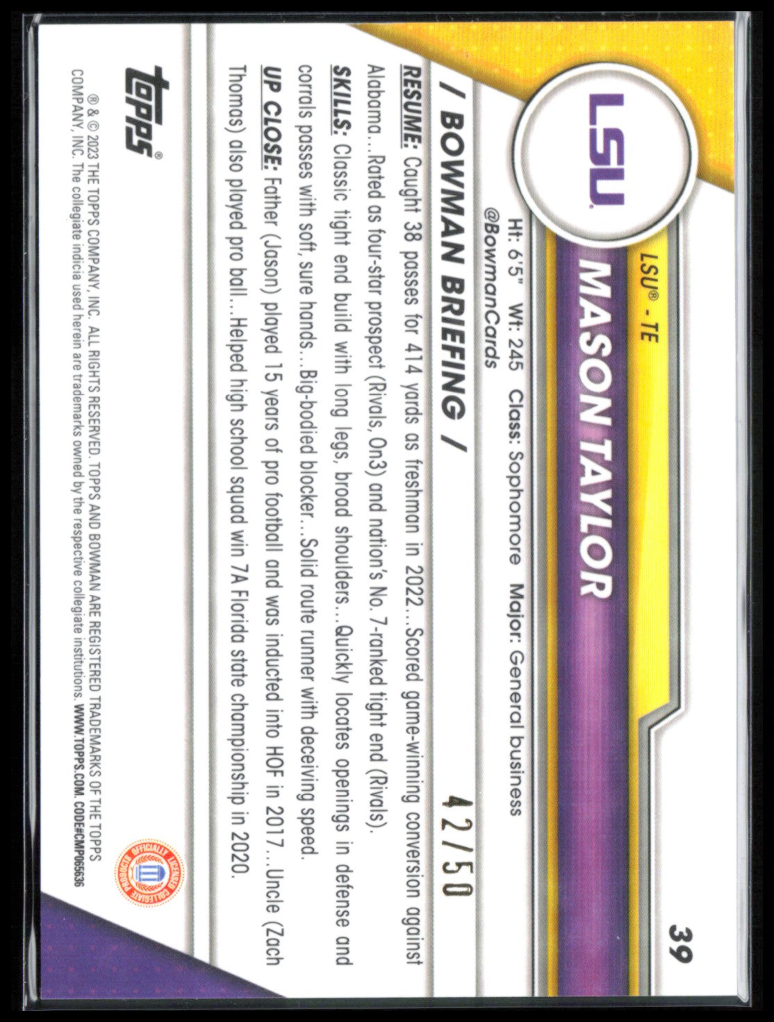 Mason Taylor 1st Bowman Gold Refractor /50