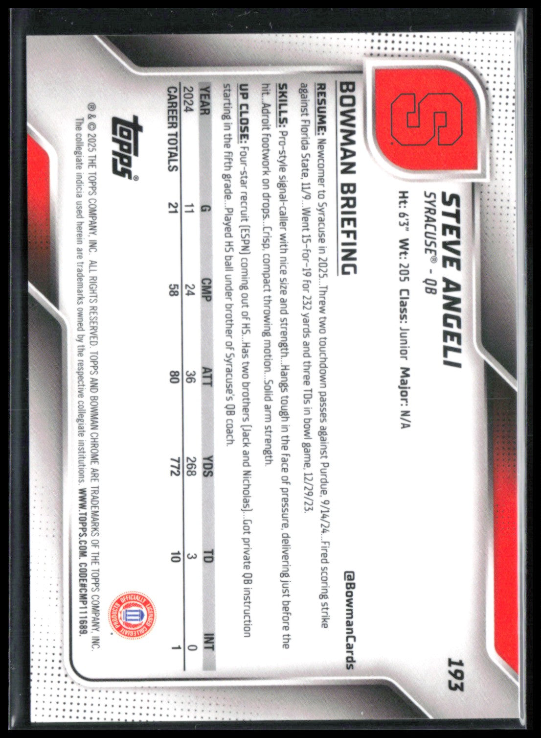 Steve Angeli Orange /25 Sapphire 2025 Bowman U Chrome