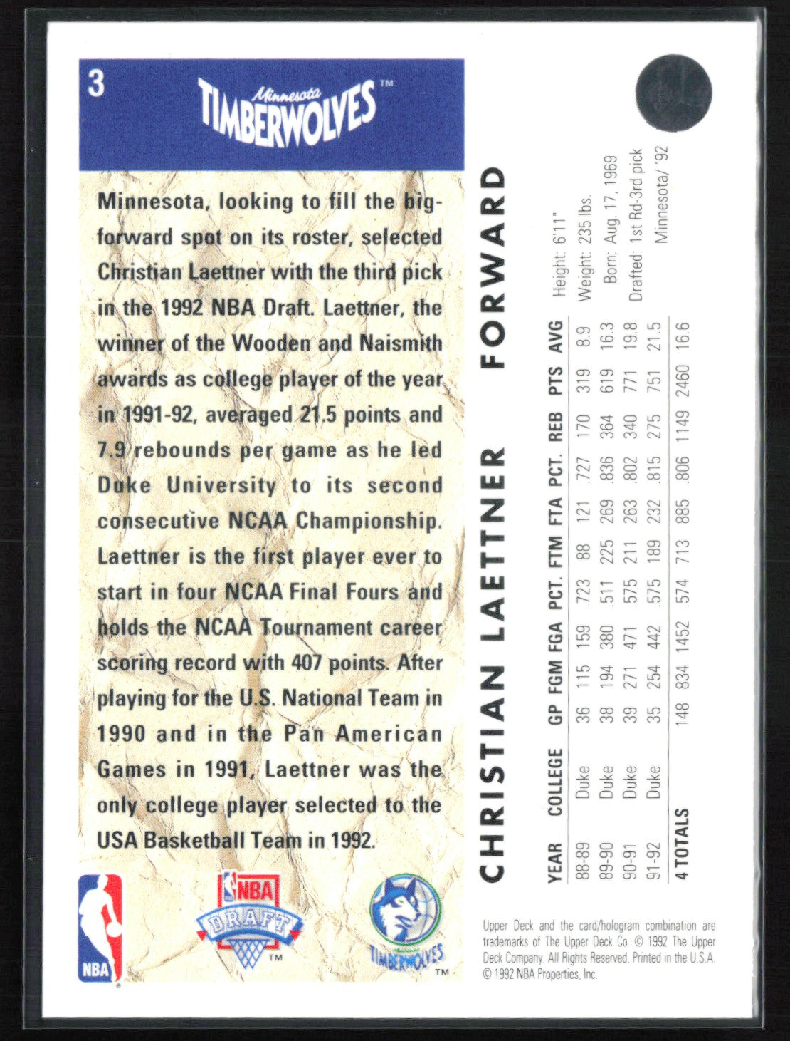 Christian Laettner 1992 -93 UD Draft