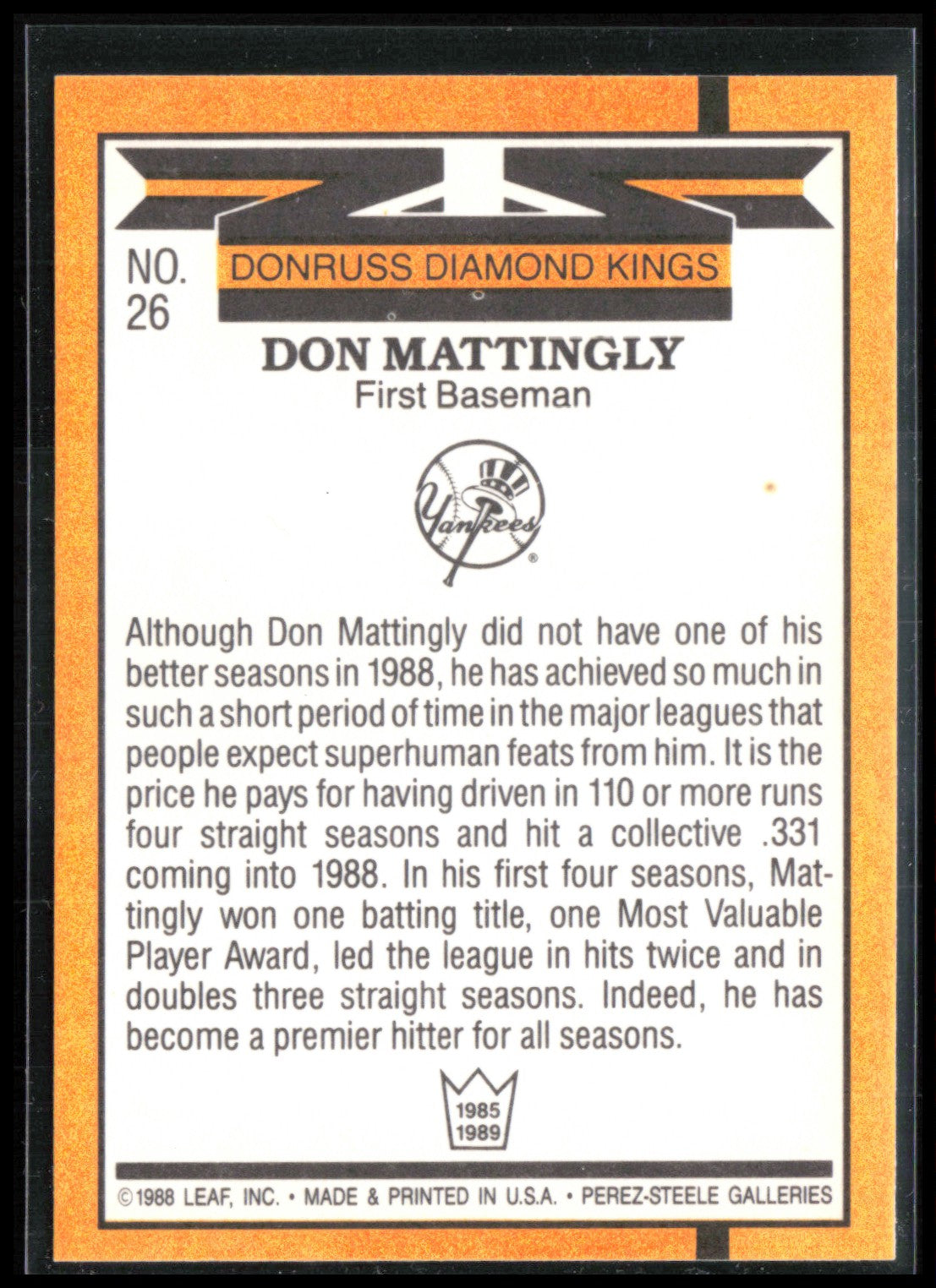 Don Mattingly 1989 Donruss Diamond Kings