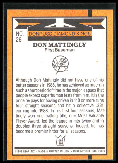 Don Mattingly 1989 Donruss Diamond Kings