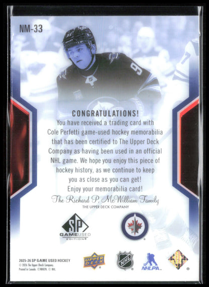 Cole Perfetti /199 Game-Used Relic