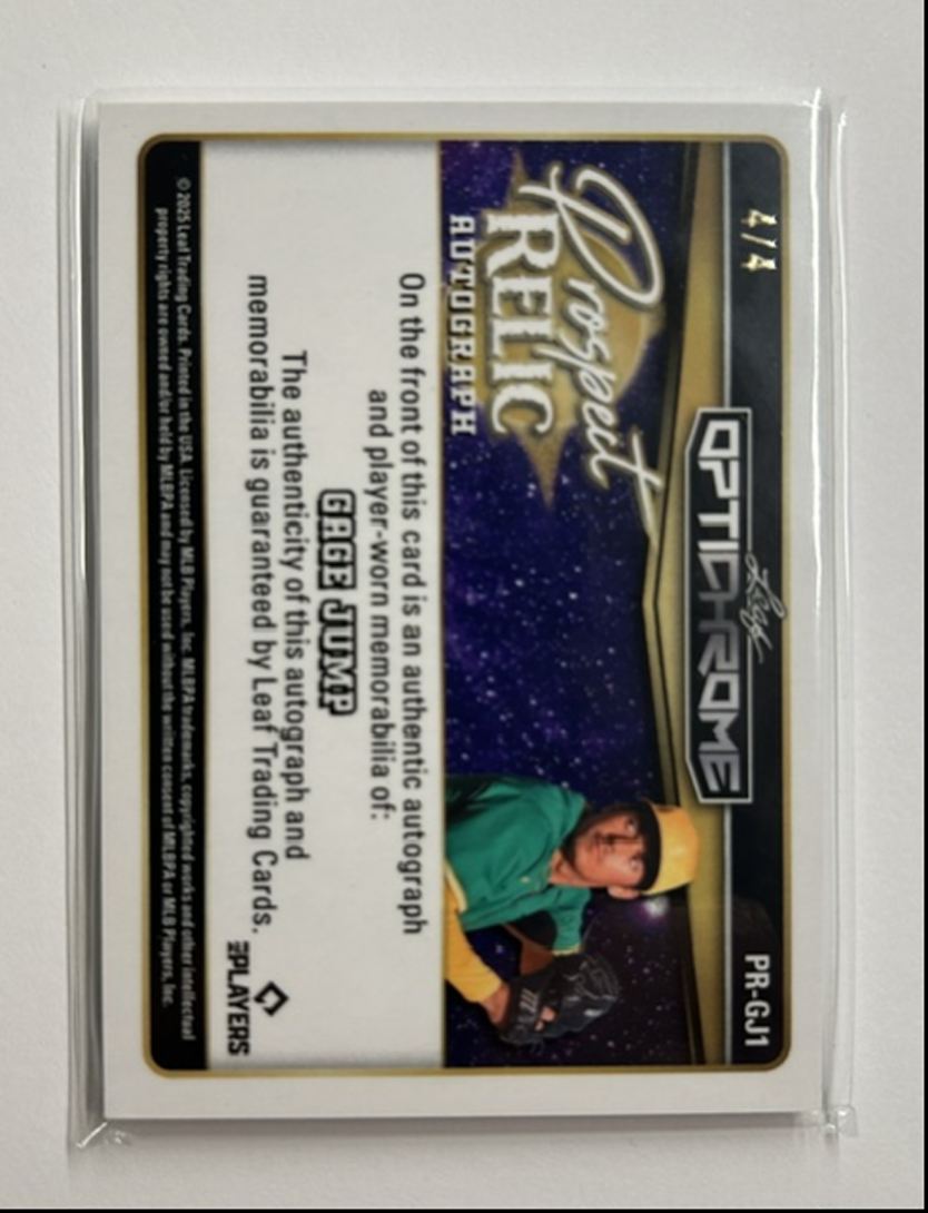 Gage Jump /4 Auto Relic Prospect Relic Autograph 2025 Leaf Optichrome