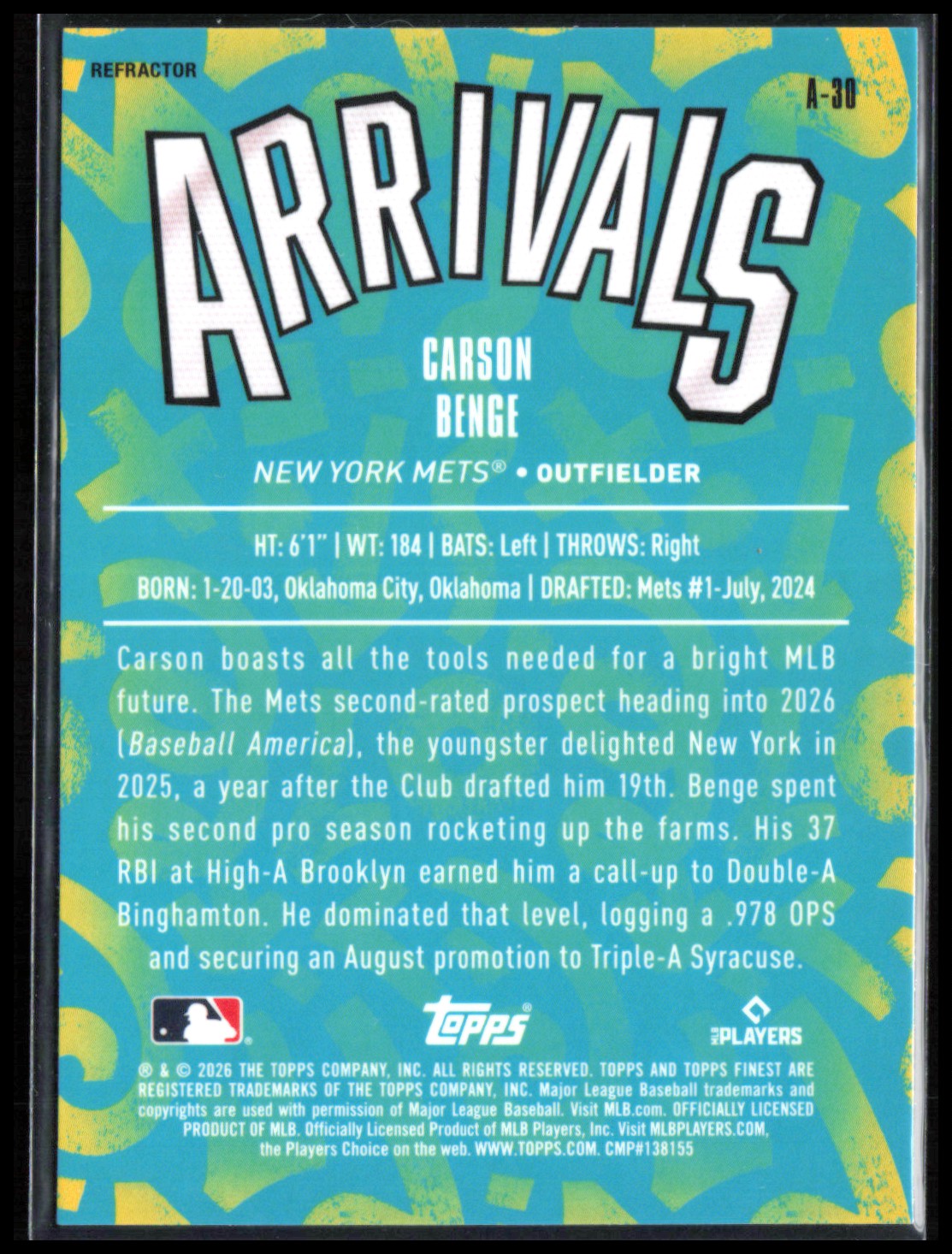 Carson Benge RC Arrivals Refractor