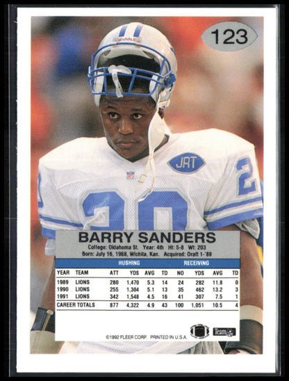 Barry Sanders 1992 Fleer