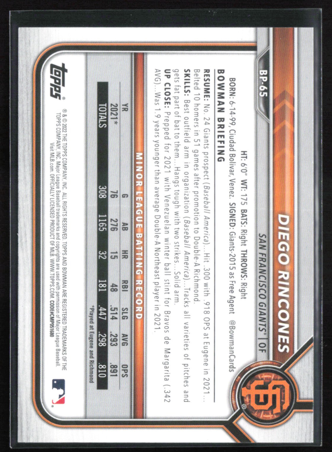 Diego Rincones 1st Bowman Purple /250